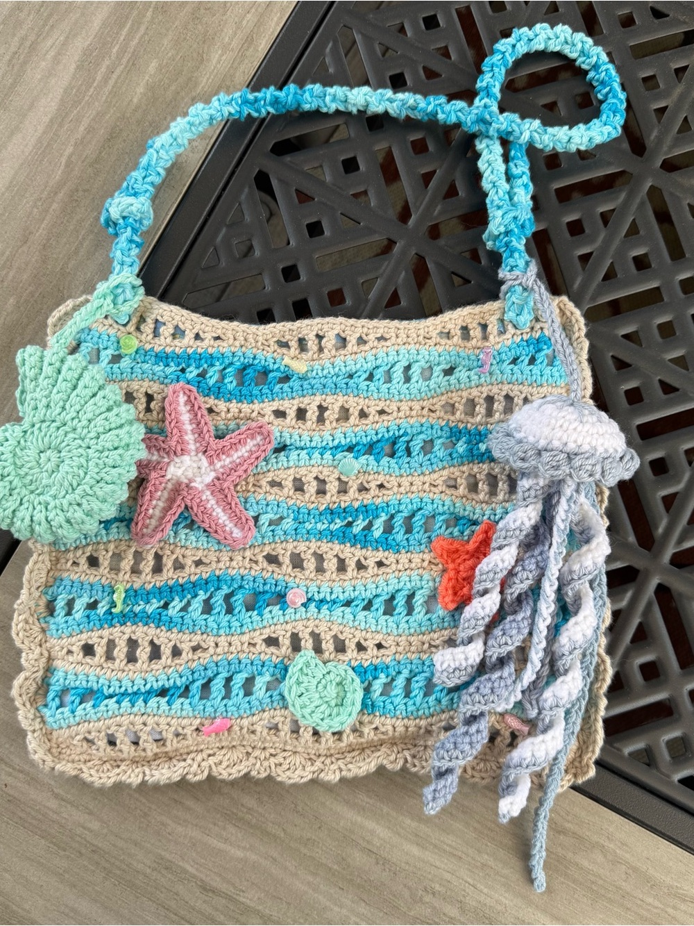 Handmade Crochet Ocean-Themed Shoulder Bag in Turquoise & Sand